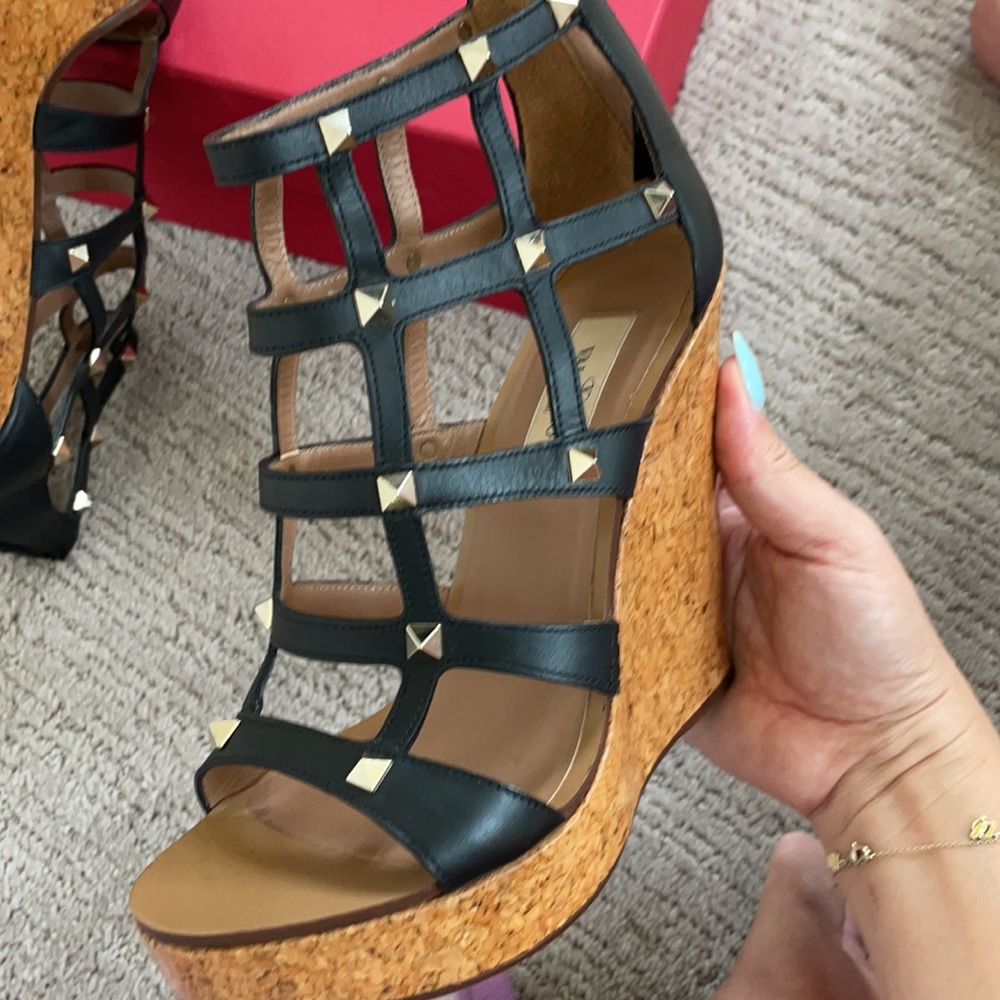 Valentino Black Rockstud Caged Cork Wedge